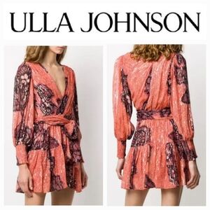 Ulla Johnson Noemi Silk-Lurex Crepe Wrap-style Mini Dress Coral Batik Print Sz 2
